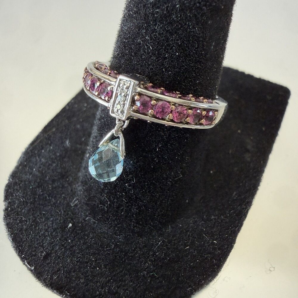 14K White Gold Garnet & Diamond Ring w/ Dangling Topaz Briolette - Size 6.5